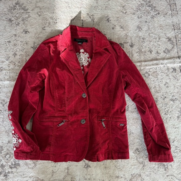 Y2K Red Velvet Embroidered Jacket Indie Fairy Grunge Cropped Blazer - Picture 7 of 10